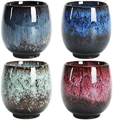 Tasse à thé japonaise, ensemble de tasses à thé en céramique, ensemble de 4 tasses à la main, multicolores, tasses en céramique émaillée flambée, pour la maison, le bureau, les cadeaux, les tasses à