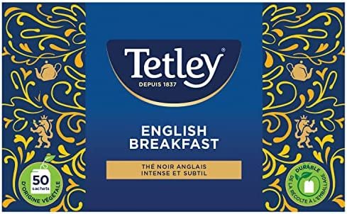 Tetley – Thé Noir English Breakfast – Arôme Riche et Corsé – Boite de 50 sachets classiques Tetley – Thé Noir English Breakfast – Arôme Riche et Corsé – Boite de 50 sachets classiques