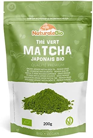 Thé Matcha Bio Japonais – Premium Qualité – 200 gr. Thé Vert Matcha en Poudre Naturel. Matcha Green Tea Produit au Japon Uji, Kyoto. Idéal à Boire, pour Cuisiner et dans le Lait. NaturaleBio