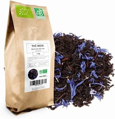 Thé Noir Bio ★ Blue Earl Grey Bergamote ★ Thé Noir Aromatisé ★ Thé Noir en Vrac ★ Sachet 1 Kg ★ 400 Tasses ★ 100 % Agriculture Biologique ★ Thé Noir de Qualité ★ Satisfait ou Remboursé