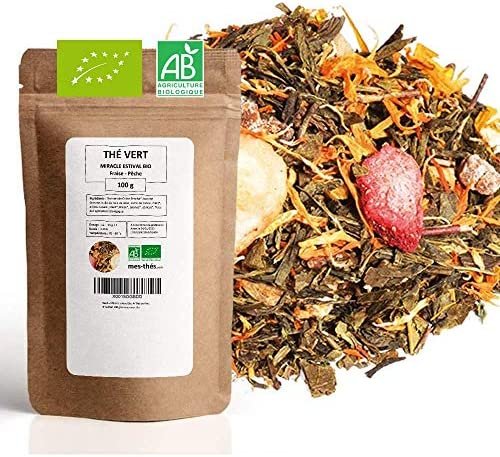 Thé Vert Bio ★ Fraise Pêche ★ Miracle estival ★ Thé Vert en Vrac ★ Sachet 100 grammes avec Zip ★ 40 Tasses ★ 100% Agriculture Biologique ★ Thé Vert de Qualité ★ Satisfait ou Remboursé ★