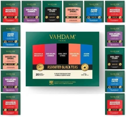 VAHDAM, Assortiment de thé Noir- 20 sachets | 5 thés, 4 sachets dans Pyramid chacun | Maharaja Breakfast, Earl Grey Citrus, Darjeeling thés noir, Assam the noir | Coffret Thé Variété VAHDAM, Assortiment de thé Noir- 20 sachets | 5 thés, 4 sachets dans Pyramid chacun | Maharaja Breakfast, Earl Grey Citrus, Darjeeling thés noir, Assam the noir | Coffret Thé Variété