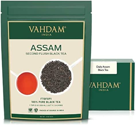 VAHDAM, Feuilles de thé noir d&rsquo;Assam 340g (+170 tasses) FORT, RICHE ET MALTÉ | Thé en vrac d&rsquo;origine unique pur et non mélangé | Long Leaf Grade FTGFOP1 (L’emballage peut varier)