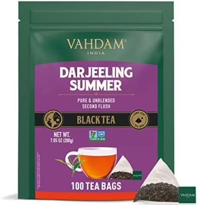 VAHDAM, Thé Noir Darjeeling de l&rsquo;Himalaya (100 Sachets) | Caféine Moyenne, Thé Riche en Énergie | Thé Darjeeling d&rsquo;Inde Certifié 100% Pur | Thé Chaud, Glacé ou Kombucha