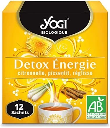 Yogi Biologique Détox Énergie, Infusion 100% Bio Citronnelle, Pissenlit et Réglisse, 12 Sachets thermosoudés et sans agrafe, 21.6 g, 310211