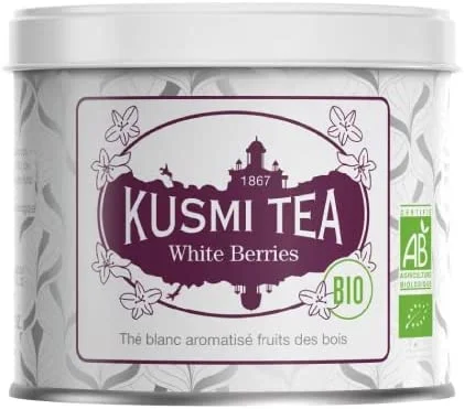 Kusmi Tea – White Berries bio – Thé Blanc aux Fruits des Bois (arômes 100% naturels Cassis, fraise, mûre) – Boite de 90g (env 40 tasses)