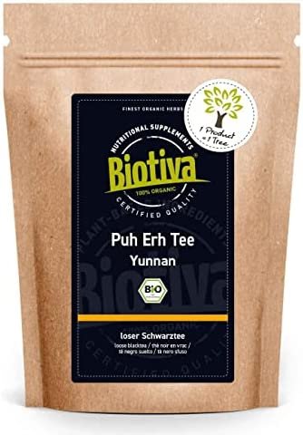 Biotiva Thé Puh Erh Bio 100g – thé noir – Région du Yunnan en Chine – Camellia Sinensis – tasse brun foncé à rouge foncé – issu de culture biologique contrôlée (DE-eco-005)