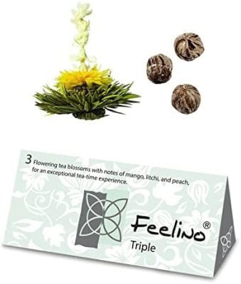 Boîte de 3 fleures de thé blanc en arôme de litchi, mangue et pêche « Feelino triple »- boîte cadeau avec 3 fleurs du thé différents l’emballage sous vide