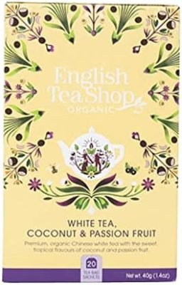 Boutique de thé anglais | Thé blanc à la noix de coco et aux fruits de la passion | Thé aromatisé BIO – 2 x 20 sachets de thé (80 Gr) | Thé infusé à la noix de coco et au fruit de la passion
