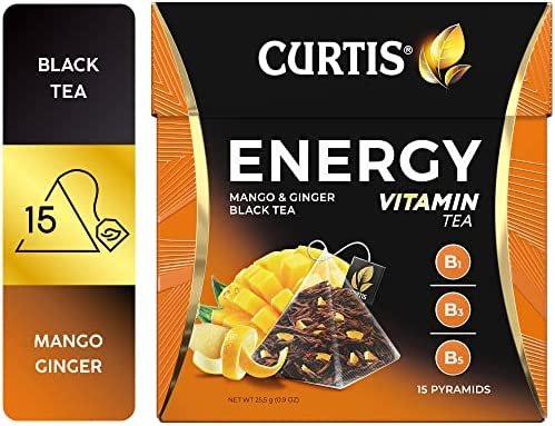 CURTIS TEA, THÉ ÉNERGÉTIQUE AVEC VITAMINES B1, B3, B5, THÉ NOIR DE CEYLAN GINGEMBRE ET MANGUE, 15 PYRAMIDES INDIVIDUELLES EN MAILLE