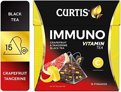 CURTIS TEA, THÉ IMMUNO AVEC VITAMINE C, THÉ NOIR DE CEYLAN, PAMPLEMOUSSE ET MANDARINE, 15 PYRAMIDES DE MAILLES INDIVIDUELLES