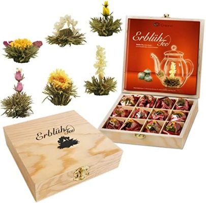 Creano Coffret Cadeau Fleurs de Thé dans une Boîte à Thé en Bois | 12 Thés Fleuris dans 6 Sortes de Thé blanc