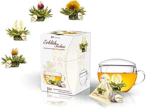 Creano Coffret Cadeau – « Floraison Thèlini » | 8 Fleurs de Thé dans 4 Variétés différentes (Thé blanc) incl. Verre à Thé (200ml)