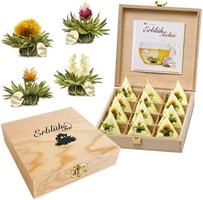 Creano Coffret Cadeau Floraison Thélini dans une Boîte à Thé en Bois | 12 Thés Fleuris dans 4 Sortes (Thé blanc)
