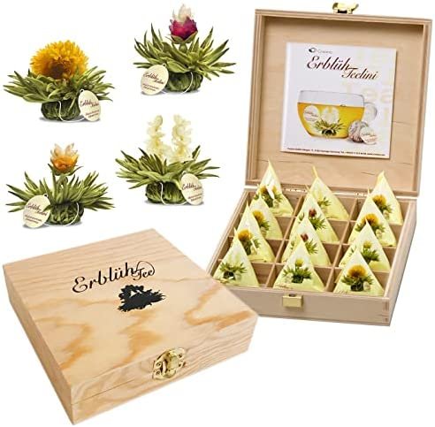 Creano Coffret Cadeau Floraison Thélini dans une Boîte à Thé en Bois | 12 Thés Fleuris dans 4 Sortes (Thé blanc)