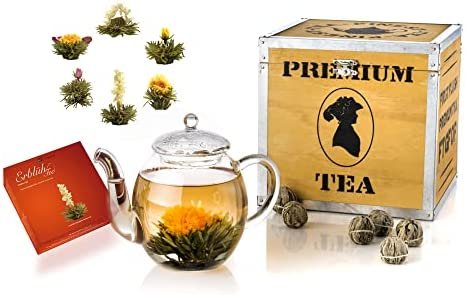 Creano Coffret Cadeau de Thé en Fleurs dans une Boîte en Bois avec 6 différents Types de « Thé en Fleurs » | Thé blanc