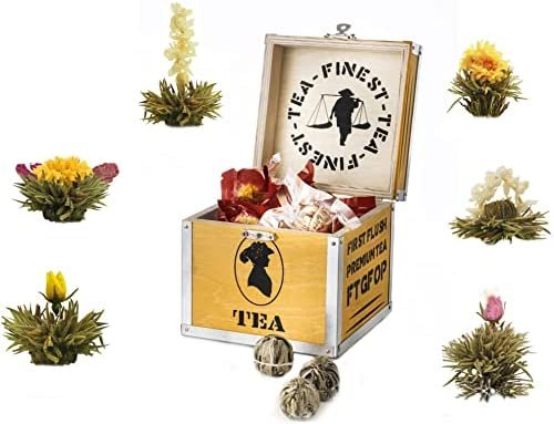 Creano Mix de Thé en Fleurs – Boîte de Thé en Bois avec 6 Fleurs de Thé | 3 Types différents (Thé blanc)