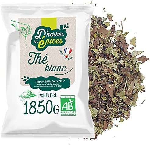 D’HERBES EN EPICES | Thé Blanc Bai Mu Dan en feuilles entières | 1850g | Thé Blanc de Chine en vrac | Certifié biologique et Commerce équitable D’HERBES EN EPICES | Thé Blanc Bai Mu Dan en feuilles entières | 1850g | Thé Blanc de Chine en vrac | Certifié biologique et Commerce équitable