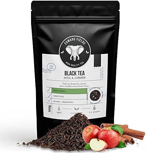 Edward Fields Tea ® – Thé Noir Assam BIO en vrac avec Pomme et Cannelle. Feuilles de thé noir biologique cueilli à la main avec des ingrédients naturels, 100g. Inde