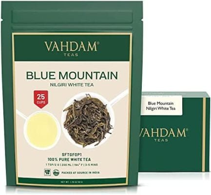 Feuilles de thé blanc exotiques des montagnes Bleues (25 tasses) de thé blanc pur certifié certifié à feuilles mobiles – Moelleux et délicieux, 50gr