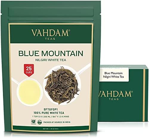 Feuilles de thé blanc exotiques des montagnes Bleues (25 tasses) de thé blanc pur certifié certifié à feuilles mobiles – Moelleux et délicieux, 50gr Feuilles de thé blanc exotiques des montagnes Bleues (25 tasses) de thé blanc pur certifié certifié à feuilles mobiles – Moelleux et délicieux, 50gr