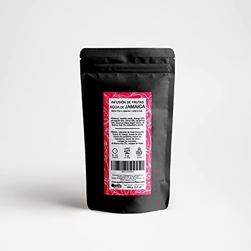 Infusion de fruits. Eau de la Jamaïque. Mélange exotique et fruité au goût de kiwi. Mandarine, noix de coco, avec du thé blanc d&rsquo;Anji. Idéal à boire froid ou chaud. 100g