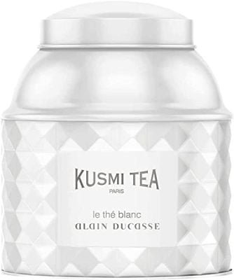 Kusmi Tea – Le Thé Blanc Bio Alain Ducasse – Mélange raffiné Thé blanc bio et Thé vert bio aromatisé à la framboise et rose – Boite de 120 gr thé en vrac – Env. 50 tasses
