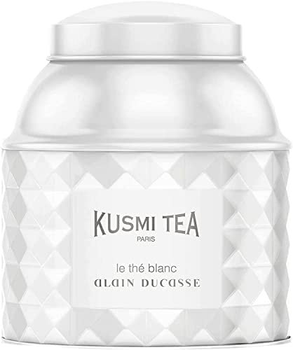 Kusmi Tea – Le Thé Blanc Bio Alain Ducasse – Mélange raffiné Thé blanc bio et Thé vert bio aromatisé à la framboise et rose – Boite de 120 gr thé en vrac – Env. 50 tasses
