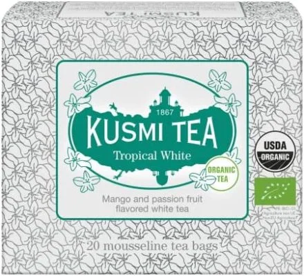 Kusmi Tea – Thé Blanc Bio Tropical White – Thé blanc saveur mangue passion – Boîte Thé de 20 sachets mousseline – 36g – Idéal en thé glacé