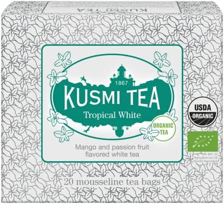 Kusmi Tea – Thé Blanc Bio Tropical White – Thé blanc saveur mangue passion – Boîte Thé de 20 sachets mousseline – 36g – Idéal en thé glacé