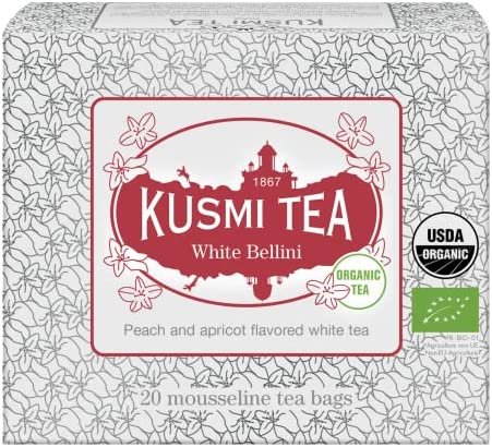 Kusmi Tea – Thé Blanc Bio White Bellini – Thé blanc aromatisé pêche-abricot – Boîte thé de 20 sachets mousseline