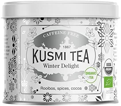 Kusmi Tea – Winter Delight (Infusion bio) – Rooibos, épices et cacao – Mélange aromatisé d&rsquo;épices et de cacao – Boîte thé métal 100 g – Environ 40 tasses