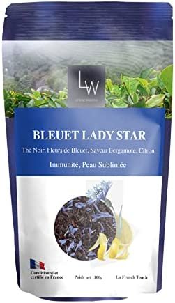 LINKING WELLNESS – « Bleuet Lady Star » Thé Noir Fleurs de Bleuet, morceaux d&rsquo;orange, morceaux de citron, Issu de l&rsquo;Agriculture Ecologique – Thé Noir en Vrac – Sachet 100g