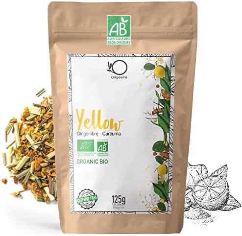 ORIGEENS TISANE GINGEMBRE CURCUMA BIO Yell-OW! 125g | Infusion Gingembre Curcuma Poivre Noir et Citron | Pour Thé Glacé/Chaud, Turmeric Latte, Jus de Curcuma Bio