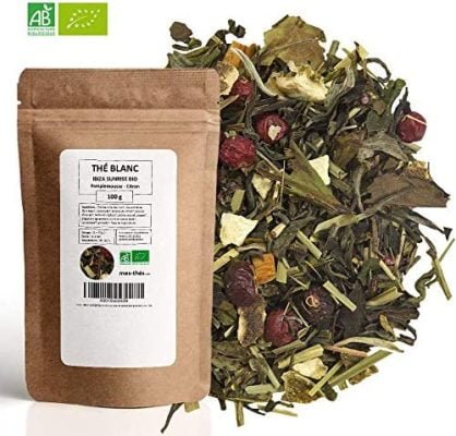 Thé Blanc Bio ★ Ibiza Sunrise ★ Thé Blanc en Vrac ★ Sachet 100 grammes avec Zip ★ 40 Tasses ★ 100% Agriculture Biologique ★ Thé Blanc de Qualité