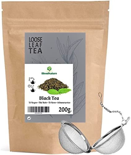 Thé noir en vrac de qualité extra 200g pour infusions – Comprend une boule d&rsquo;infusion en acier inoxydable – Arôme et saveur intenses – Végétalien naturel