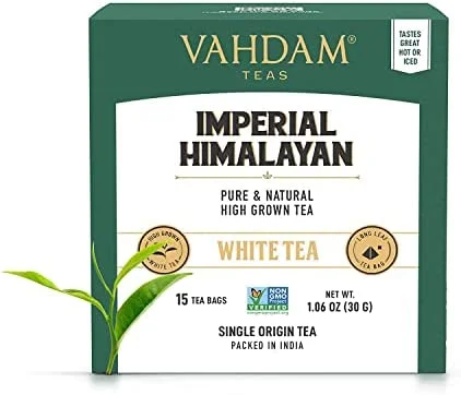 VAHDAM, Thé Blanc Impérial De L&rsquo;Himalaya, 15 Sachets De Thé, Sachets De Thé Blancs à Longues Feuilles Récolte Triée Sur Le Volet Des Domaines De Haute Altitude, Thé Blanc Pur, 100% Sain Et Naturel