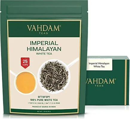 VAHDAM, Thé Blanc de l&rsquo;Himalaya Impérial, 50 grammes (25 tasses) – Le type de thé le plus sain au monde – ANTIOXIDANTS PUISSANT, cultivé à haute altitude, thé blanc Thé en vrac d&rsquo;Inde
