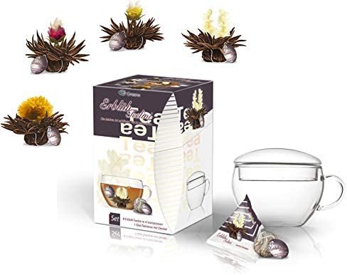 Creano Coffret Cadeau – « Floraison Thèlini » | 8 Fleurs de Thé dans 4 Variétés différentes (Thé noir) incl. Verre à Thé (200ml)