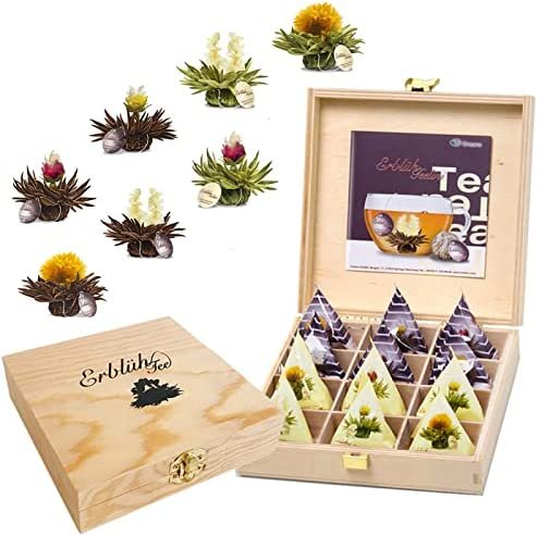 Creano Coffret Cadeau Floraison Thélini dans une Boîte à Thé en Bois | 12 Thés Fleuris dans 8 Sortes (Thé blanc et Thé noir)