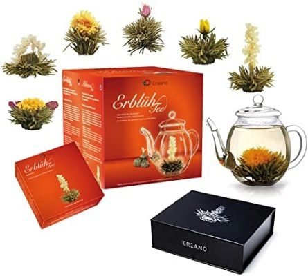Creano Mélange de Fleurs de Thé – Coffret Cadeau « AbloomTea » avec Pot en Verre (500ml) + 6 Fleurs de Thé en Boîte Magnétique en 6 Variétés | Thé blanc