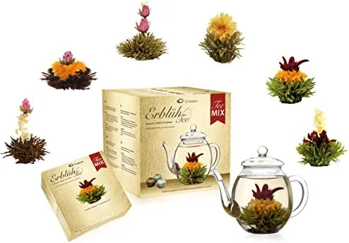 Creano Mélange de fleurs de thé – coffret cadeau doré ErblühTee avec théière en verre thé blanc, vert et noir en 6 variétés cadeau pour femme 7 pièces