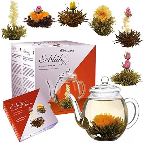 Creano – Mix de Fleurs – Coffret cadeau- « Floraison » -Avec Théière en Verre | 6 Sortes de Thé blanc et de Thé noir