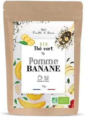 Feuille & Grain – Pomme Banane Thé Vert Aromatisé- Mélange de Feuilles Thé Vert Sencha, Jasmin Dragon Pearls et Fruits Pomme, Datte, Banane en Vrac pour Infusion- Sachet Fraicheur Refermable 100 gr