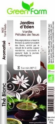 Green Farm Jardins d&rsquo;Eden Thé blanc parfumé Vanille Rose Pétales de Fleurs 50 g – Lot de 3
