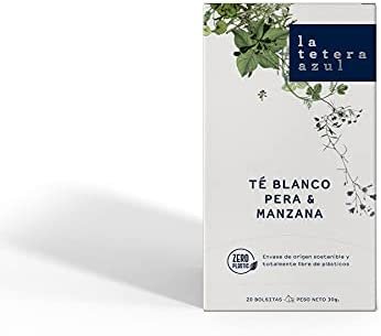 LA TETERA AZUL Thé blanc, poire et pomme. Cocktail exquis de thé blanc, pomme et poire. 20 pyramides emballées individuellement.