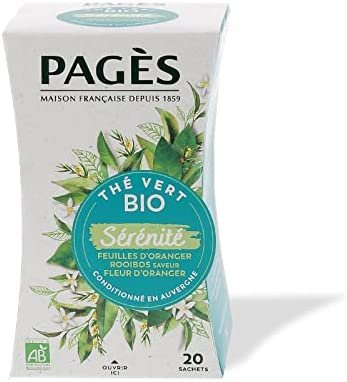 Pagès – Thé vert BIO Sérénité (Thé vert, feuilles d’oranger, Rooïbos, saveur fleur d’oranger) – Lot de 4 boites de 20 sachets