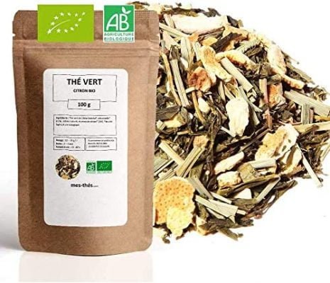 Thé Vert Bio ★ Citron ★ Thé Vert en Vrac ★ Sachet 100 grammes avec Zip ★ 40 Tasses ★ 100% Agriculture Biologique ★ Thé Vert de Qualité ★ Satisfait ou Remboursé ★