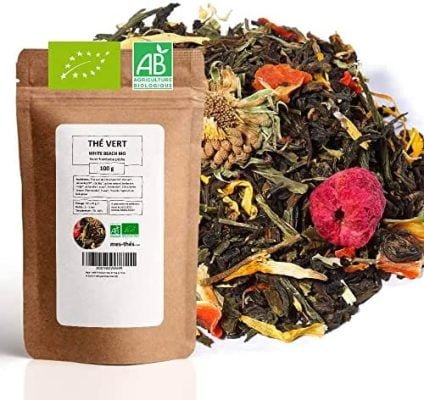 Thé Vert Bio ★ Fraise Framboise Pêche ★ White Beach ★Thé Vert en Vrac ★ Sachet 100 grammes avec Zip ★ 40 Tasses ★ 100% Agriculture Biologique ★ Thé Vert de Qualité ★ Satisfait ou Remboursé ★