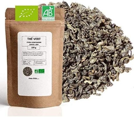Thé Vert Bio ★ Gunpowder Feuilles Enroulées ★ China Gunpowder Grade 1 BIO ★ Thé Vert en Vrac ★ Sachet 100 grammes avec Zip ★ 40 Tasses ★ 100% Agriculture Biologique ★ Gunpowder de Qualité